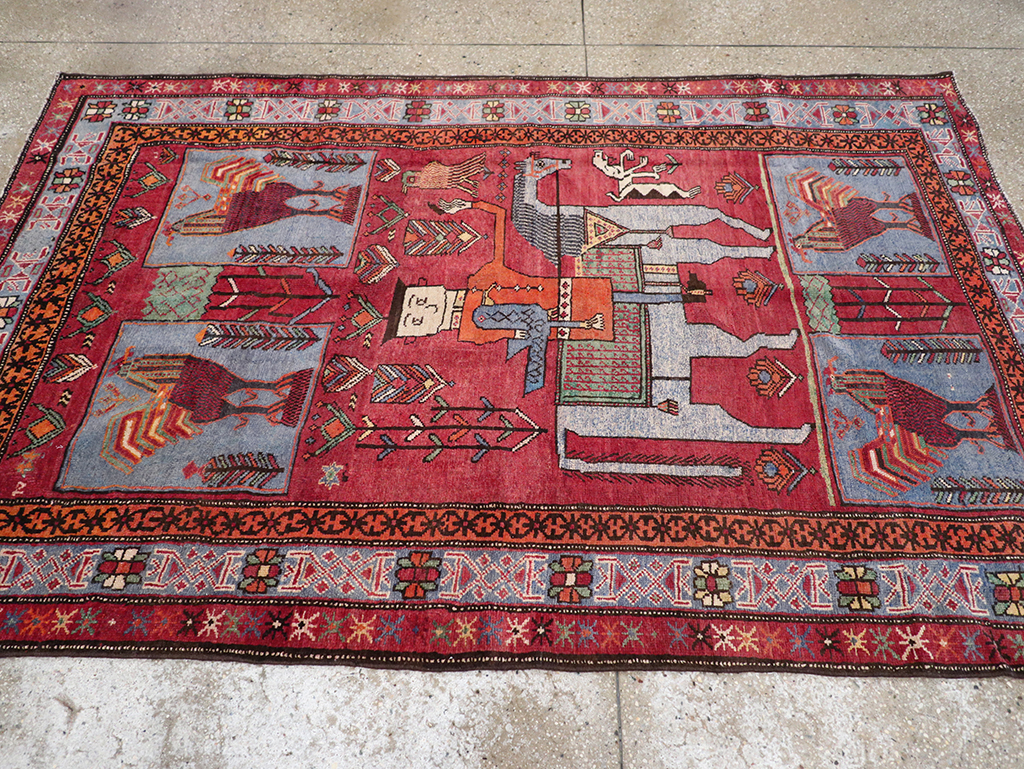 Vintage Caucasian Karabagh Pictorial Accent Rug, No.27793 - Staging