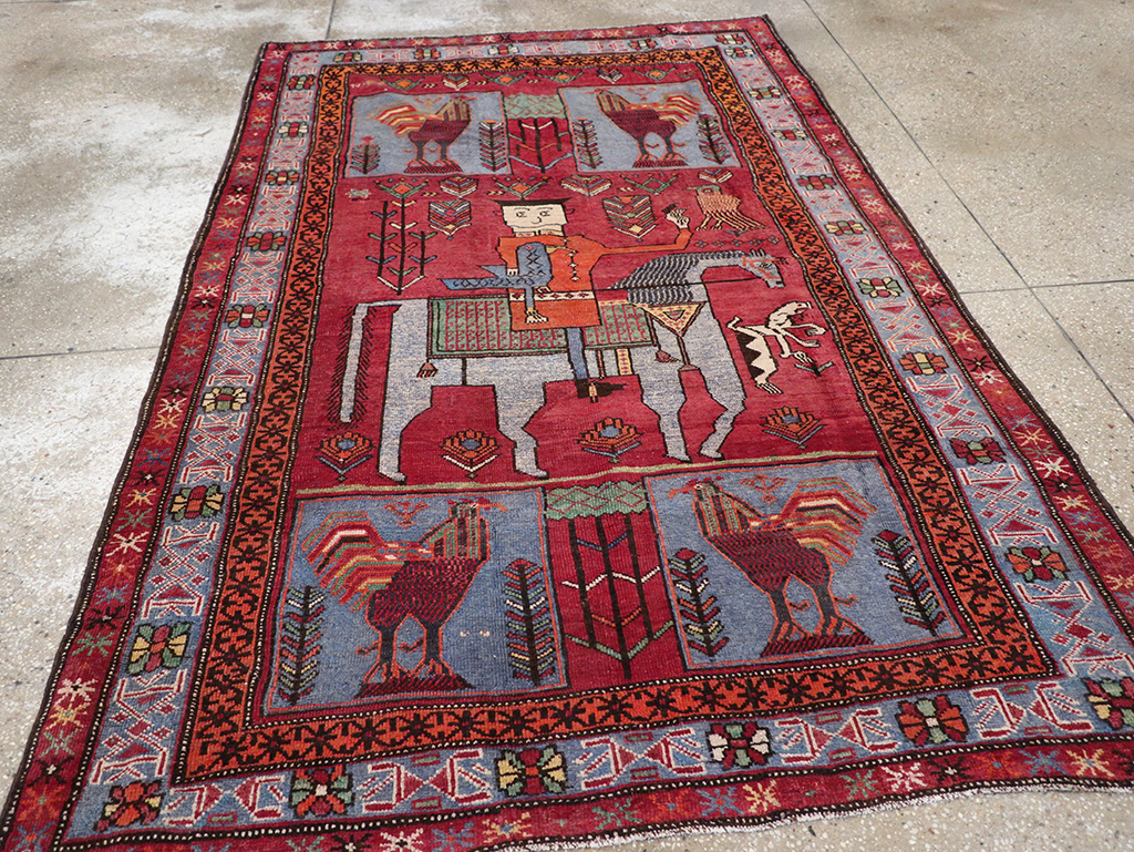 Vintage Caucasian Karabagh Pictorial Accent Rug, No.27793 - Staging