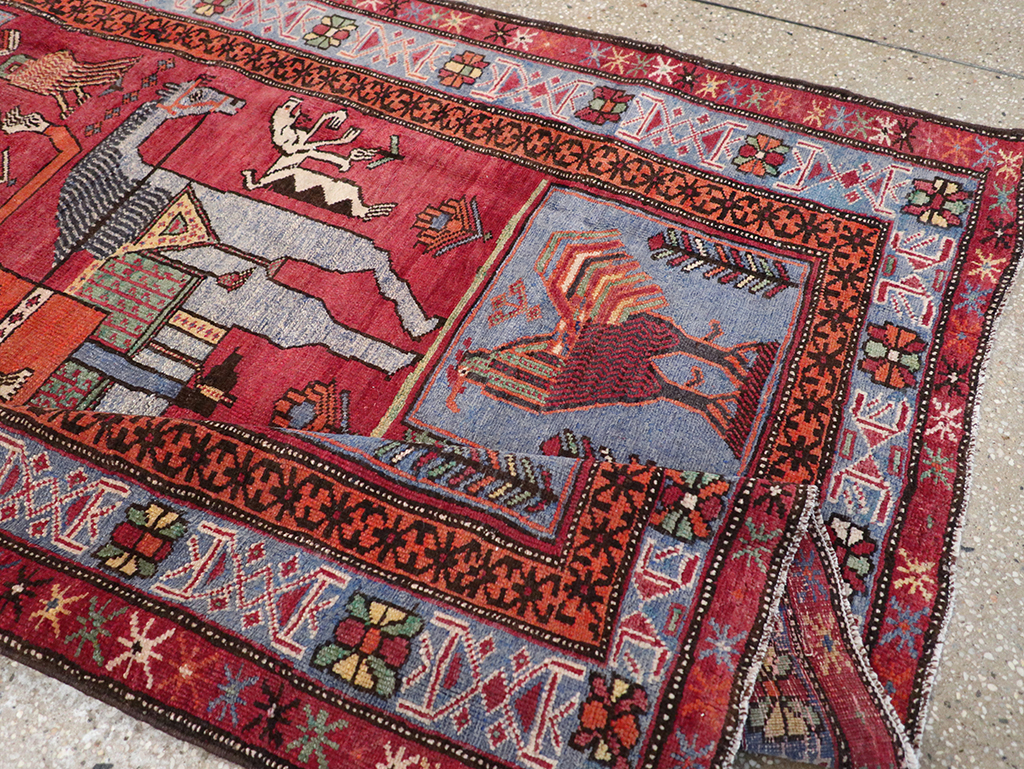 Vintage Caucasian Karabagh Pictorial Accent Rug, No.27793 - Staging