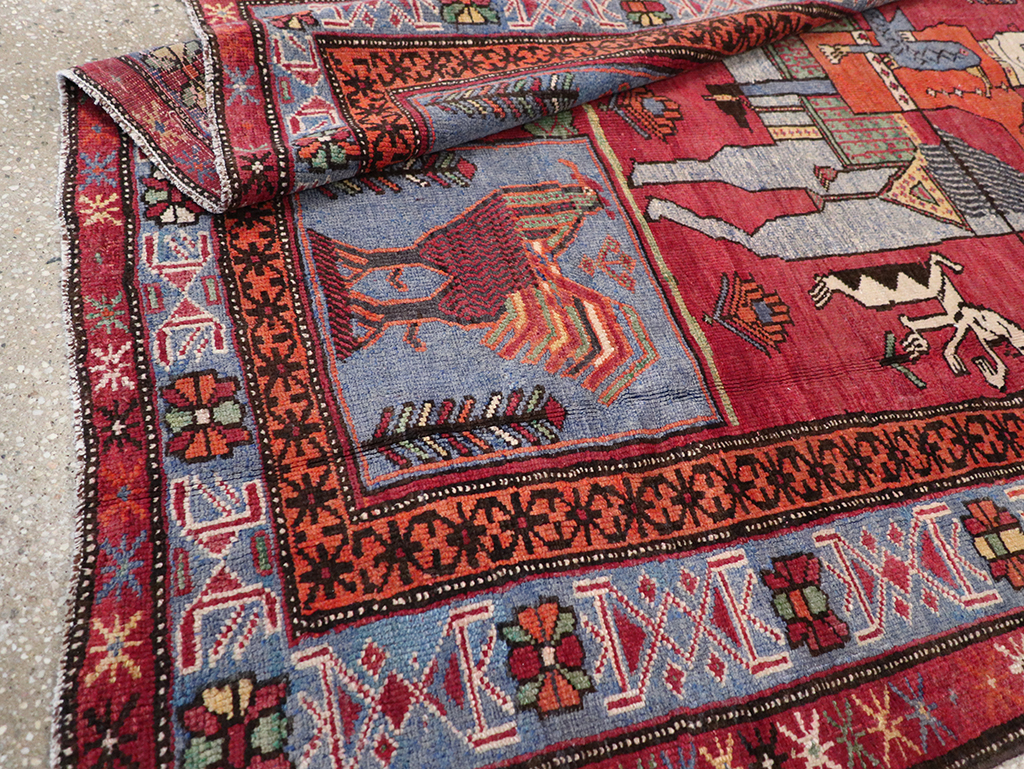 Vintage Caucasian Karabagh Pictorial Accent Rug, No.27793 - Staging