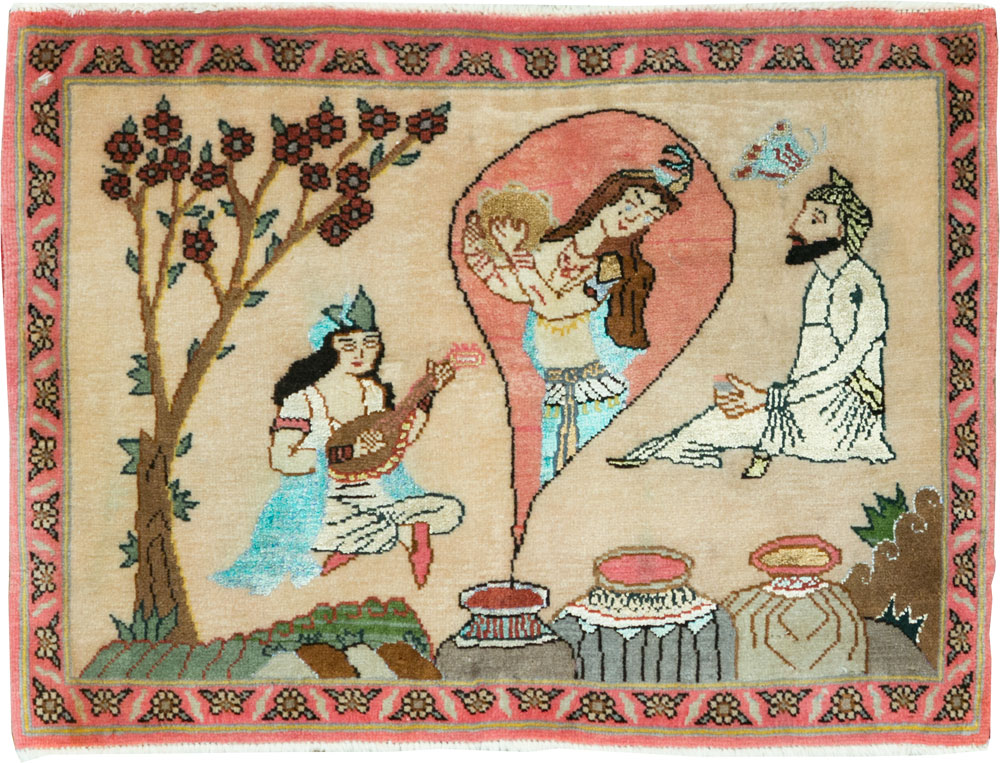 Vintage Persian Quom Pictorial Rug, No.27808 - Staging