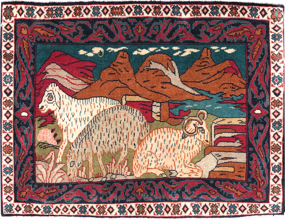 Vintage Persian Sarouk Pictorial Throw Rug (Pair: 1 of 2), No.27994 - Staging