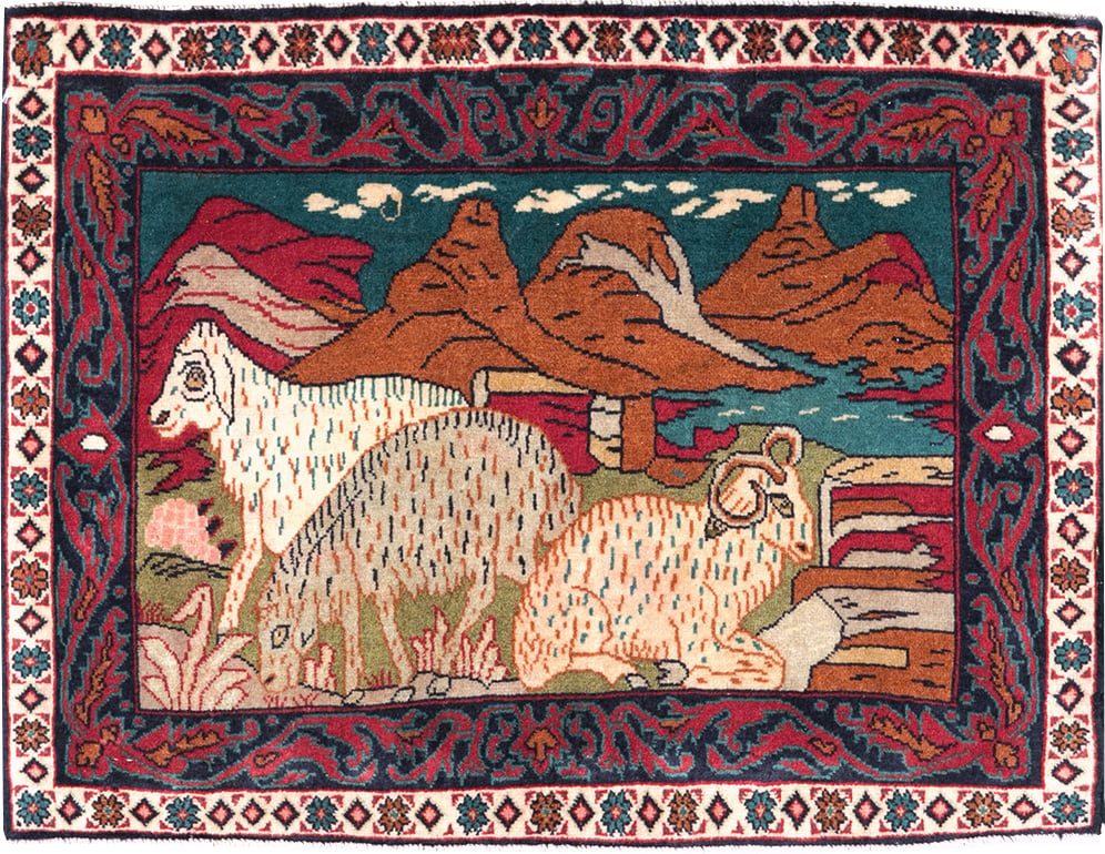 Vintage Persian Sarouk Pictorial Throw Rug (Pair: 1 of 2), No.27994 - Staging