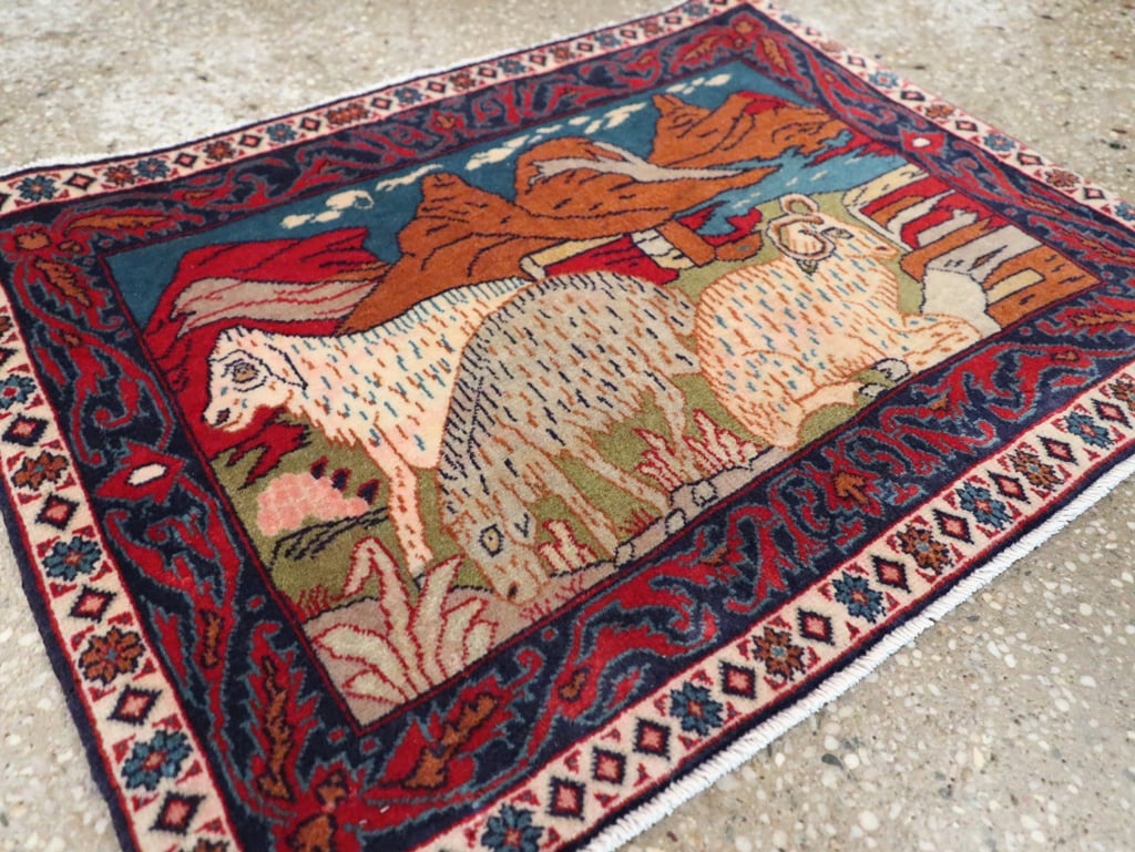 Vintage Persian Sarouk Pictorial Throw Rug (Pair: 1 of 2), No.27994 - Staging