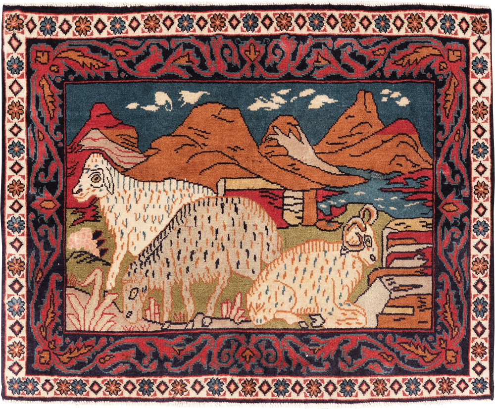 Vintage Persian Sarouk Pictorial Throw Rug (Pair: 2 of 2), No.27995 - Staging