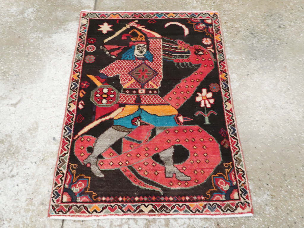 Vintage Persian Hamadan Pictorial Rug (Pair: 1 of 2), No.28017 - Staging