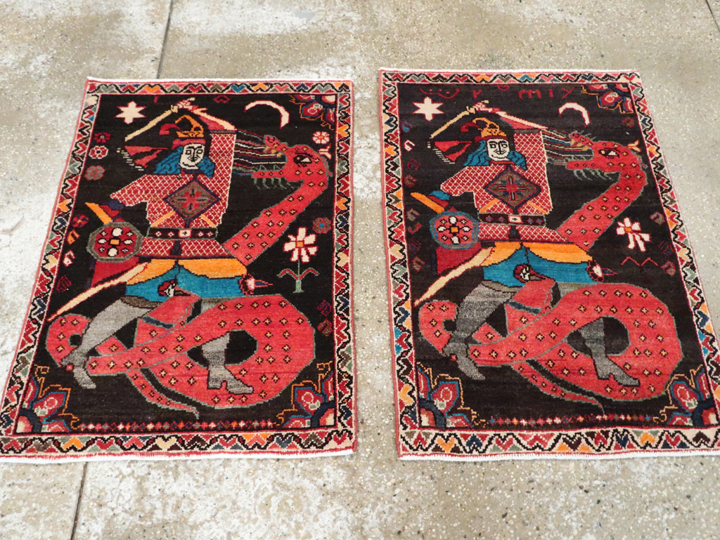 Vintage Persian Hamadan Pictorial Rug (Pair: 1 of 2), No.28017 - Staging