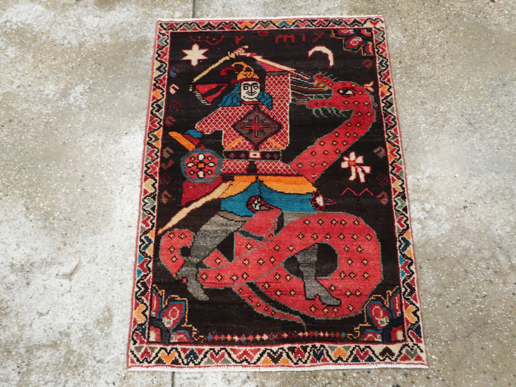 Vintage Persian Hamadan Pictorial Rug (Pair: 2 of 2), No.28018 - Staging