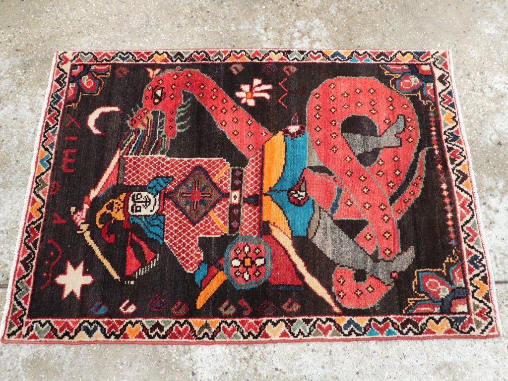 Vintage Persian Hamadan Pictorial Rug (Pair: 2 of 2), No.28018 - Staging