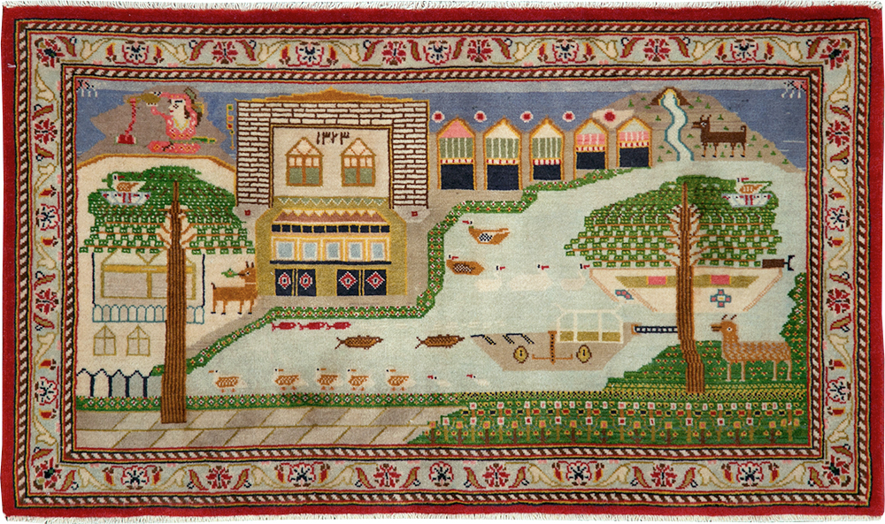 Vintage Persian Kashan Pictorial Rug (Pair: 1 of 2), No.28033 - Staging