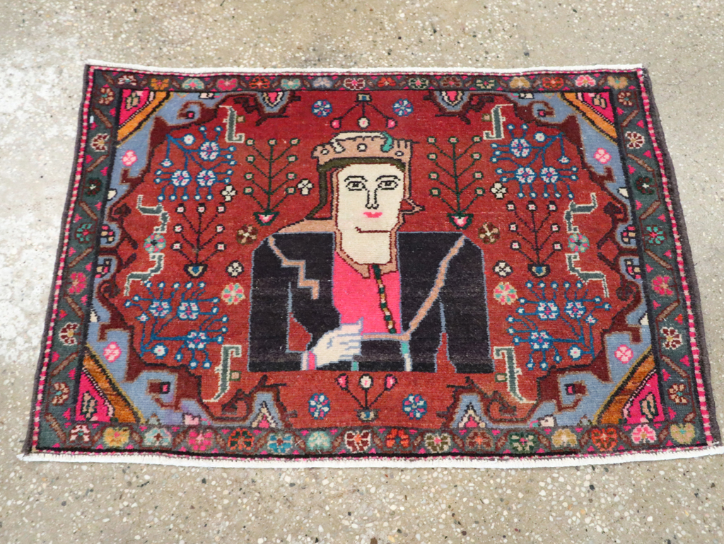 Vintage Persian Hamadan Pictorial Rug (Pair: 1 of 2), No.28071 - Staging