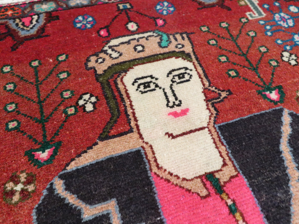 Vintage Persian Hamadan Pictorial Rug (Pair: 1 of 2), No.28071 - Staging