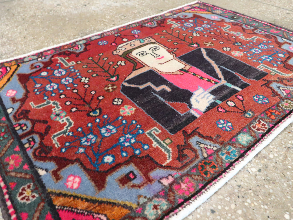 Vintage Persian Hamadan Pictorial Rug (Pair: 1 of 2), No.28071 - Staging