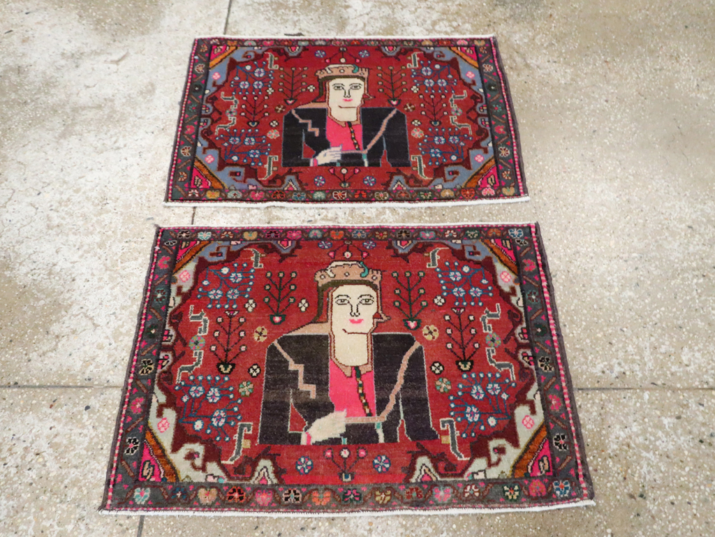 Vintage Persian Hamadan Pictorial Rug (Pair: 1 of 2), No.28071 - Staging