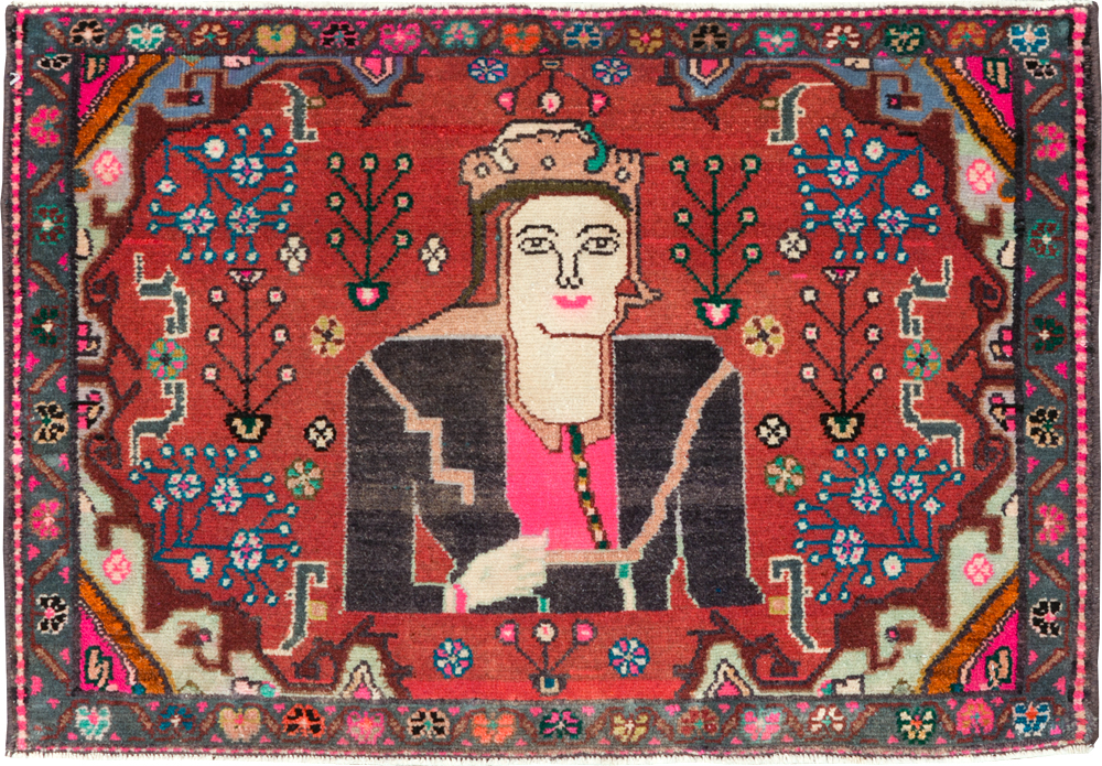 Vintage Persian Hamadan Pictorial Rug (Pair: 2 of 2), No.28072 - Staging