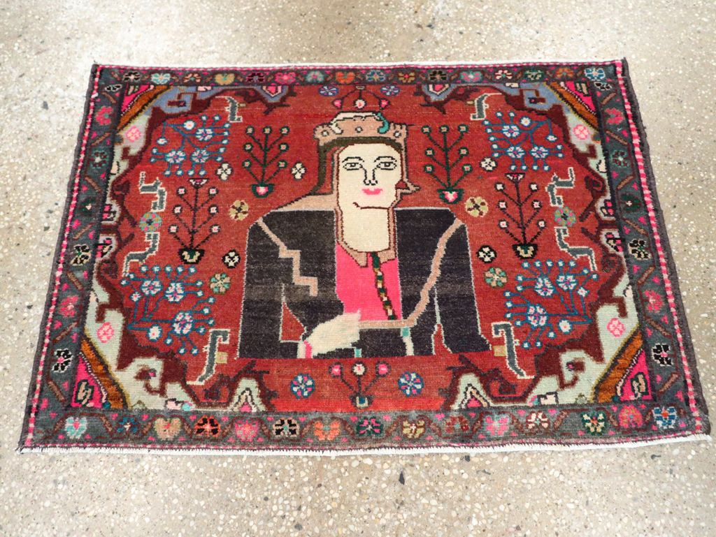 Vintage Persian Hamadan Pictorial Rug (Pair: 2 of 2), No.28072 - Staging