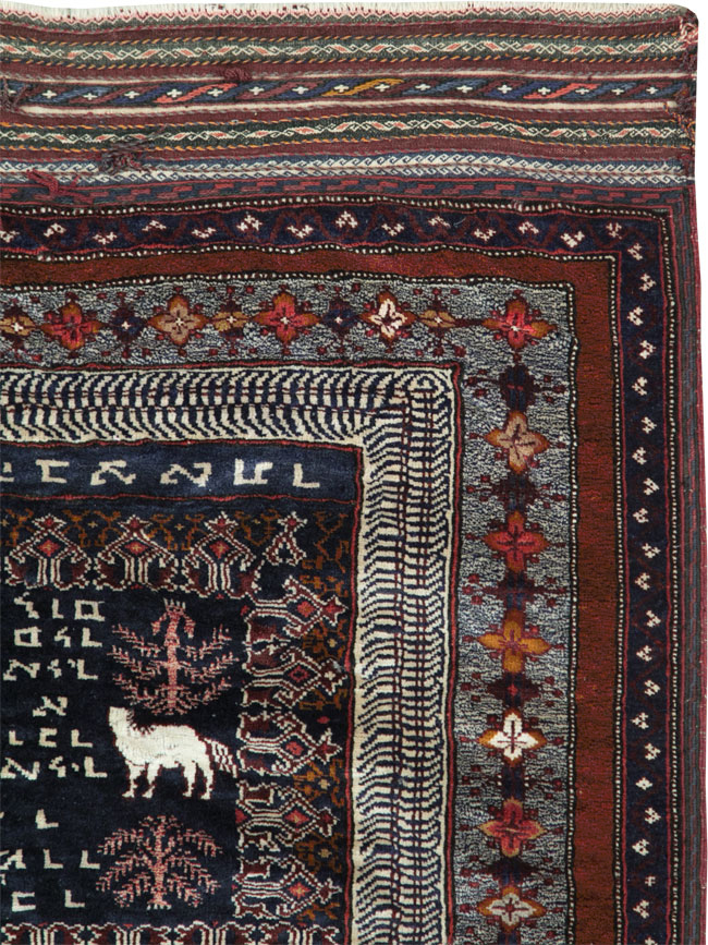 Vintage Persian Baluch Pictorial Square Rug, No.28120 - Staging