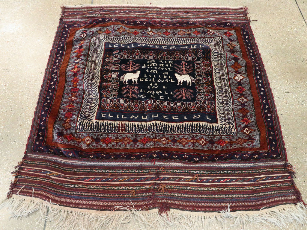 Vintage Persian Baluch Pictorial Square Rug, No.28120 - Staging