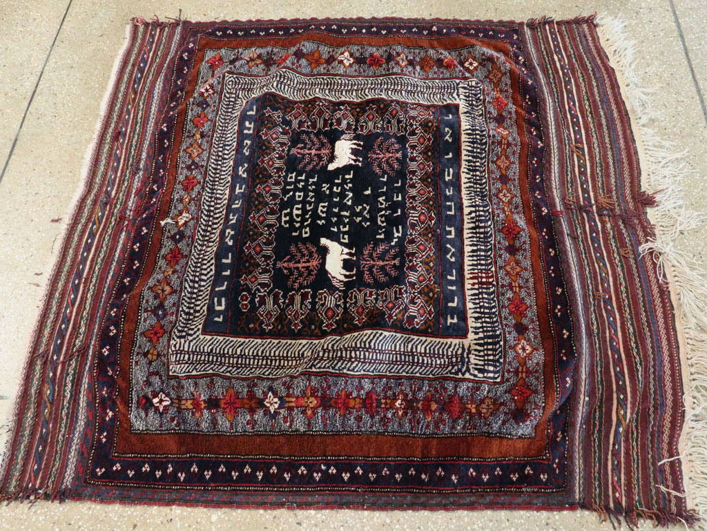 Vintage Persian Baluch Pictorial Square Rug, No.28120 - Staging