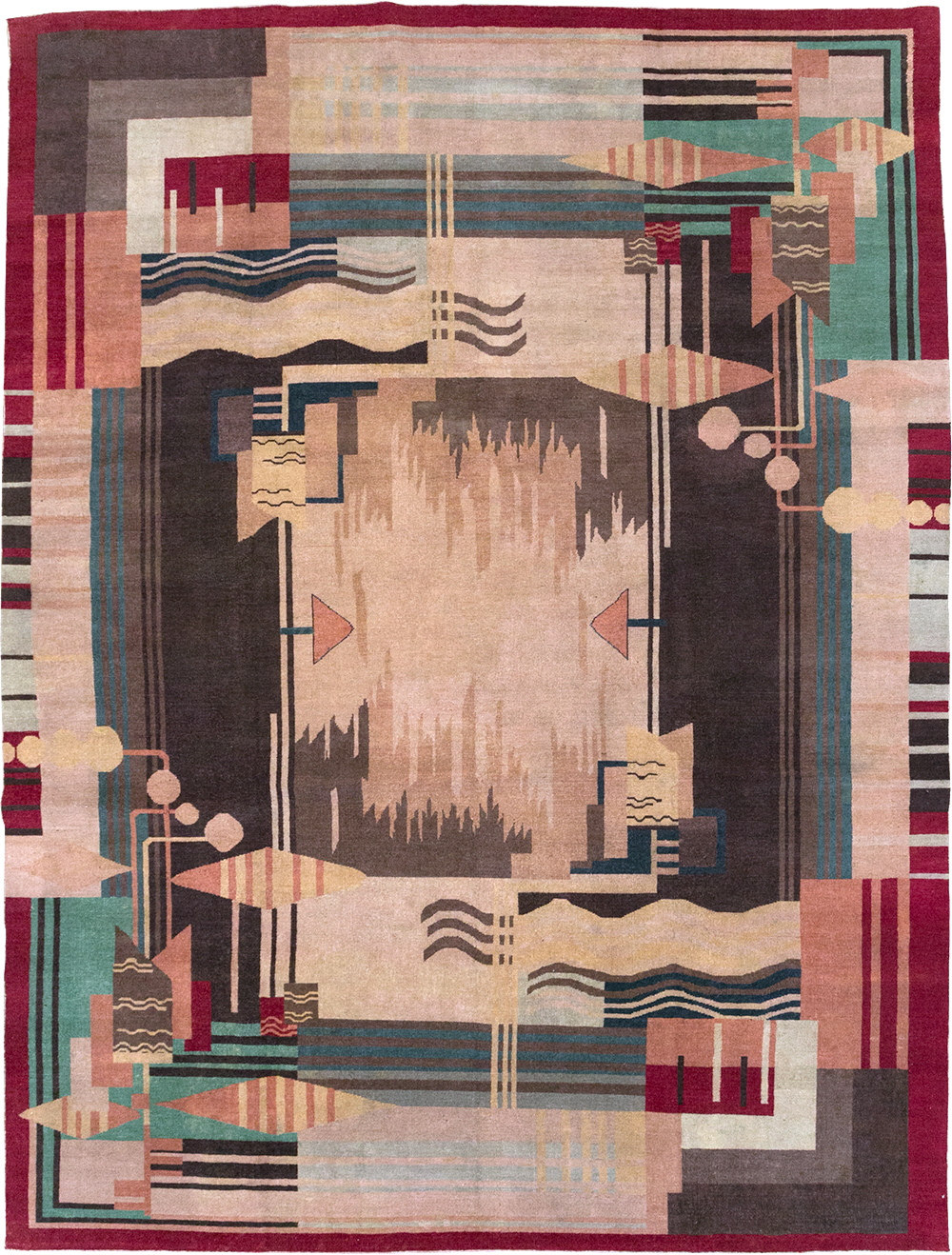 Vintage Indian Art Deco Room Size Carpet, No.28222 - Staging