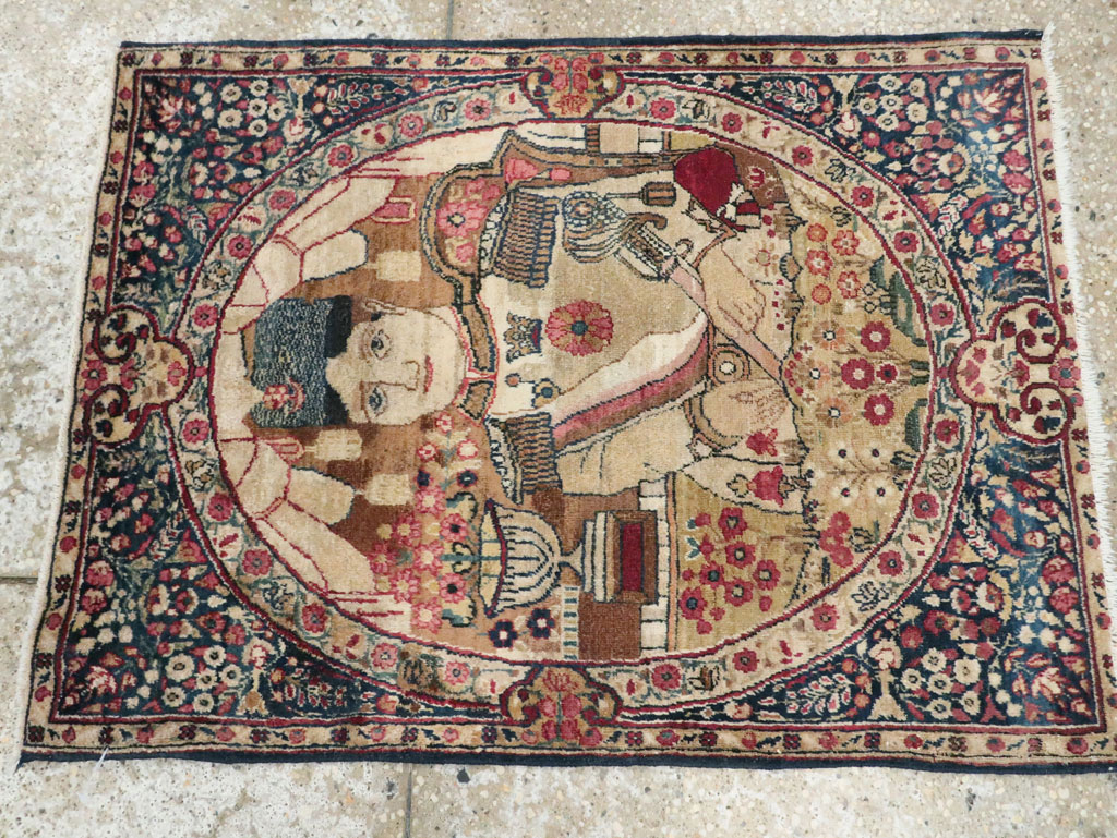 Antique Persian Lavar Kerman Pictorial Rug, No.28243 - Staging