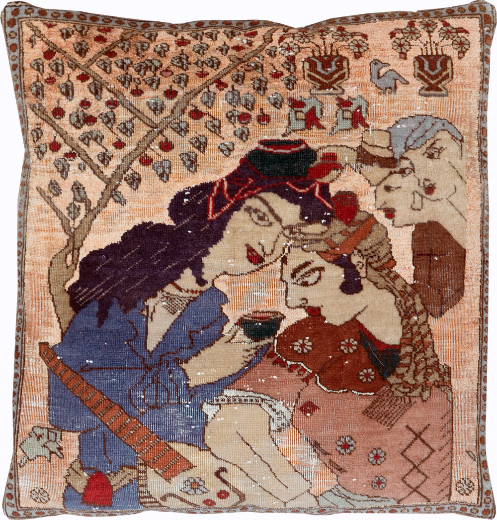Antique Persian Tabriz Pictorial Pillow, No.28265 - Staging