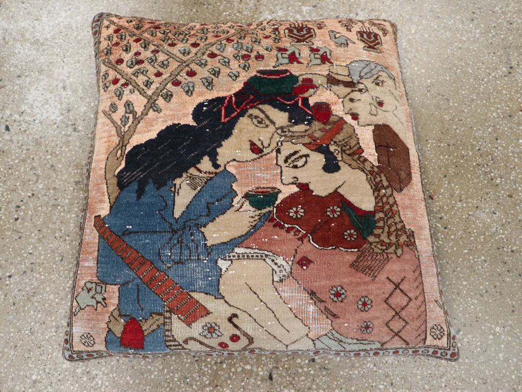 Antique Persian Tabriz Pictorial Pillow, No.28265 - Staging