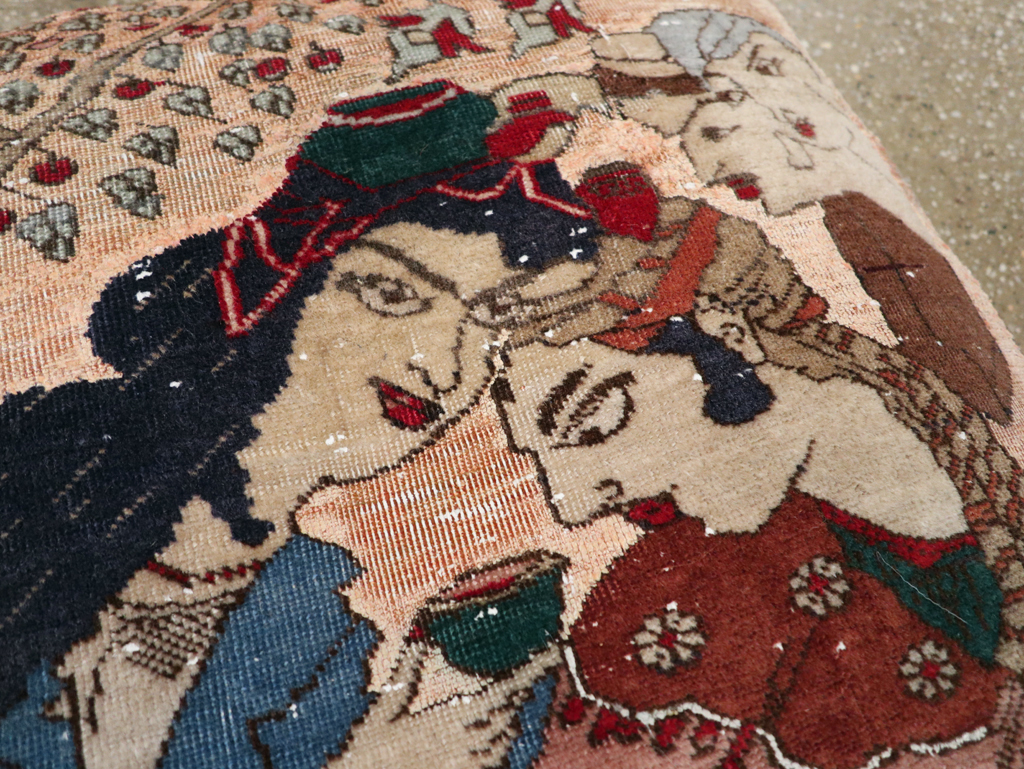 Antique Persian Tabriz Pictorial Pillow, No.28265 - Staging