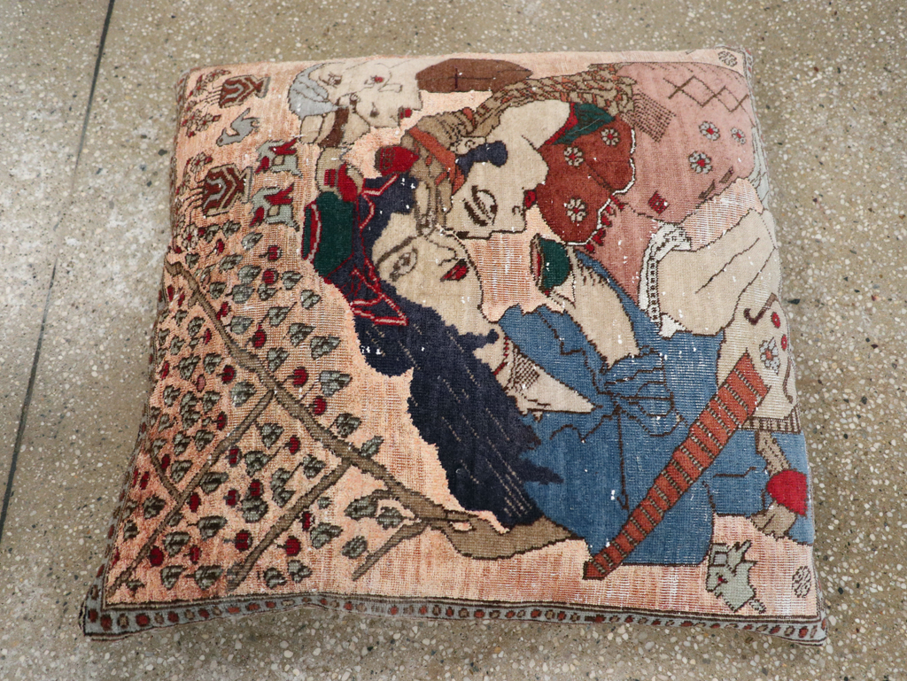 Antique Persian Tabriz Pictorial Pillow, No.28265 - Staging