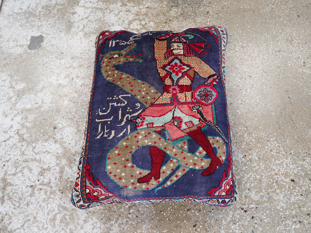 Vintage Persian Hamadan Pictorial Pillow, No.28292 - Staging