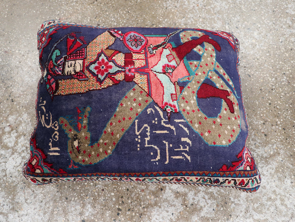 Vintage Persian Hamadan Pictorial Pillow, No.28292 - Staging