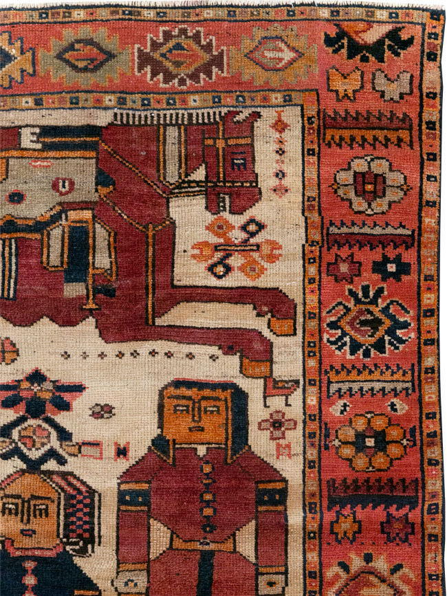 Vintage Persian Pictorial Bakhtiari Tribal Accent Rug, No.28360 - Staging