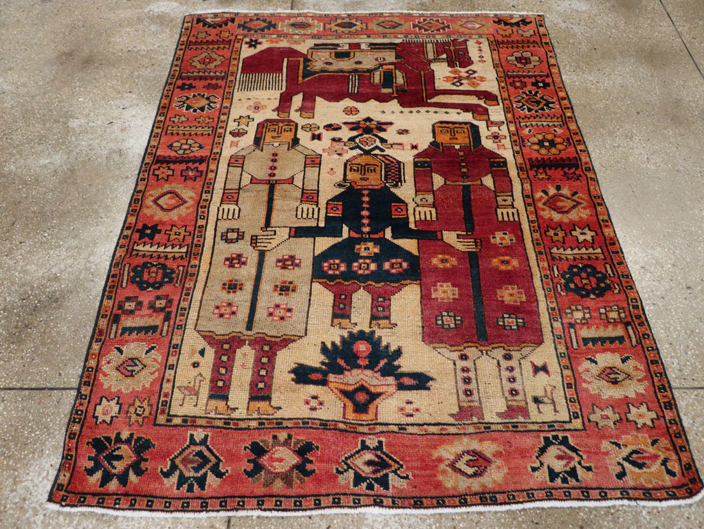 Vintage Persian Pictorial Bakhtiari Tribal Accent Rug, No.28360 - Staging