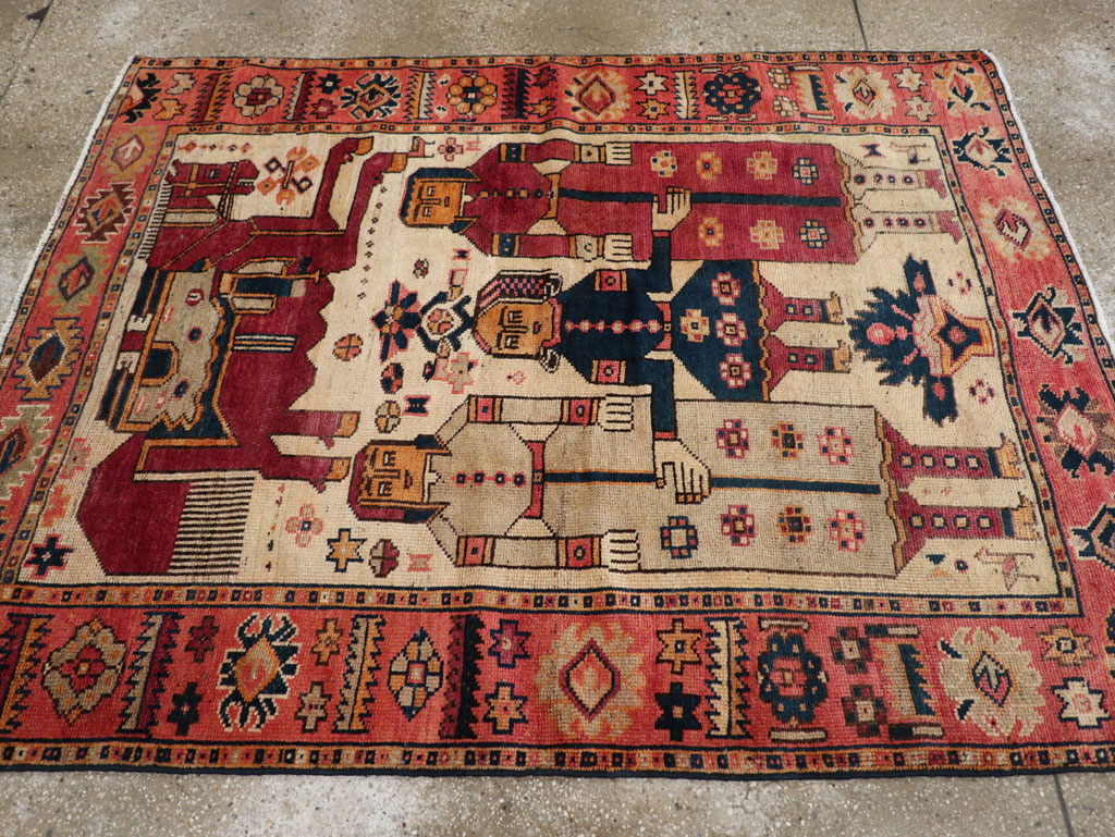 Vintage Persian Pictorial Bakhtiari Tribal Accent Rug, No.28360 - Staging