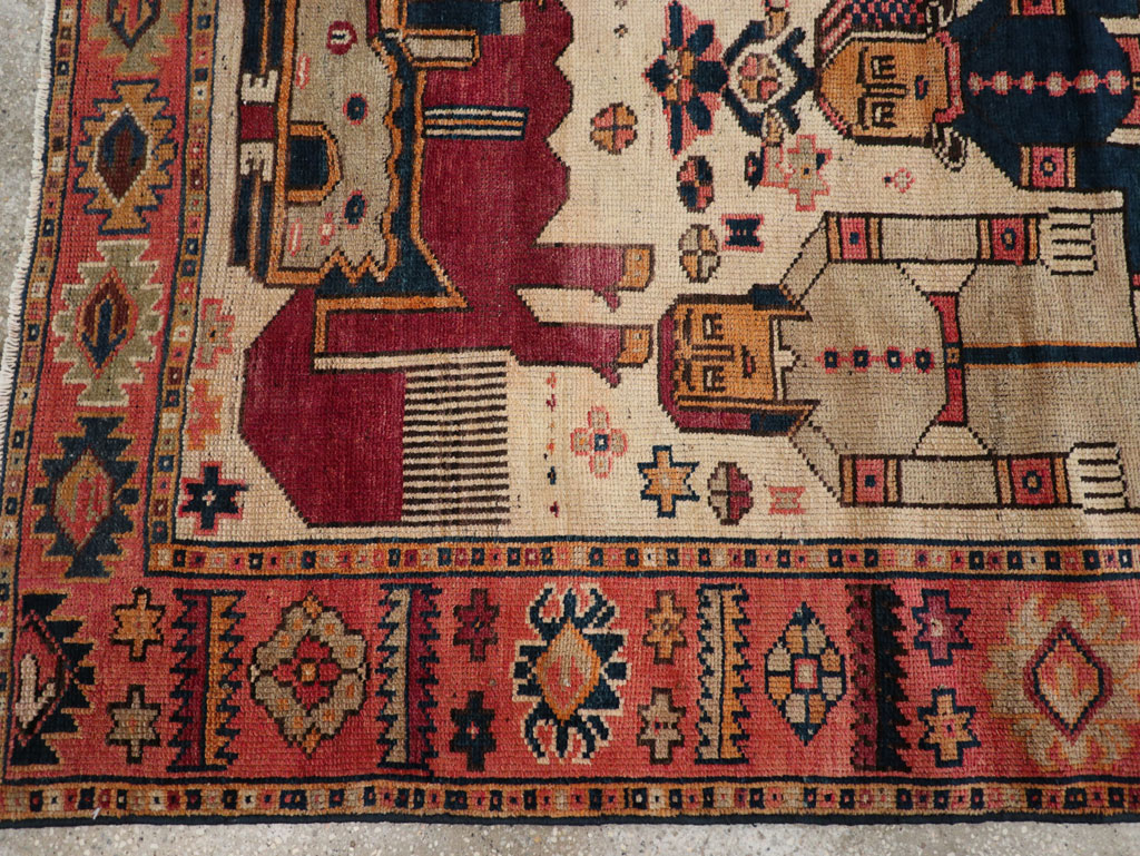 Vintage Persian Pictorial Bakhtiari Tribal Accent Rug, No.28360 - Staging