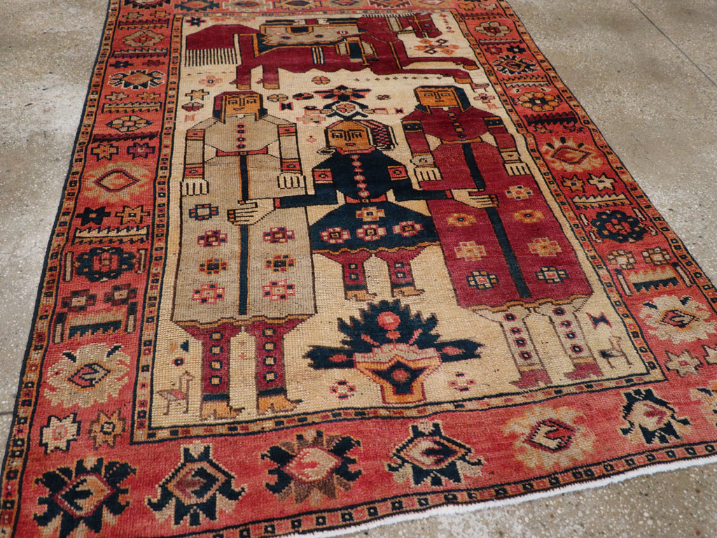 Vintage Persian Pictorial Bakhtiari Tribal Accent Rug, No.28360 - Staging