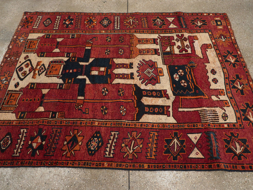 Vintage Persian Pictorial Bakhtiari Tribal Accent Rug, No.28363 - Staging