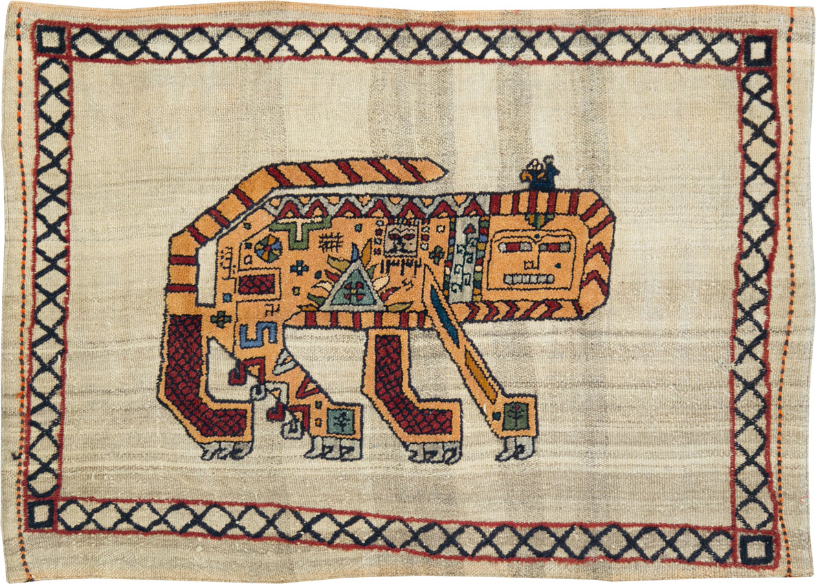 Vintage Persian Pictorial Souf Flatweave Kilim Throw Rug, No.28413 - Staging