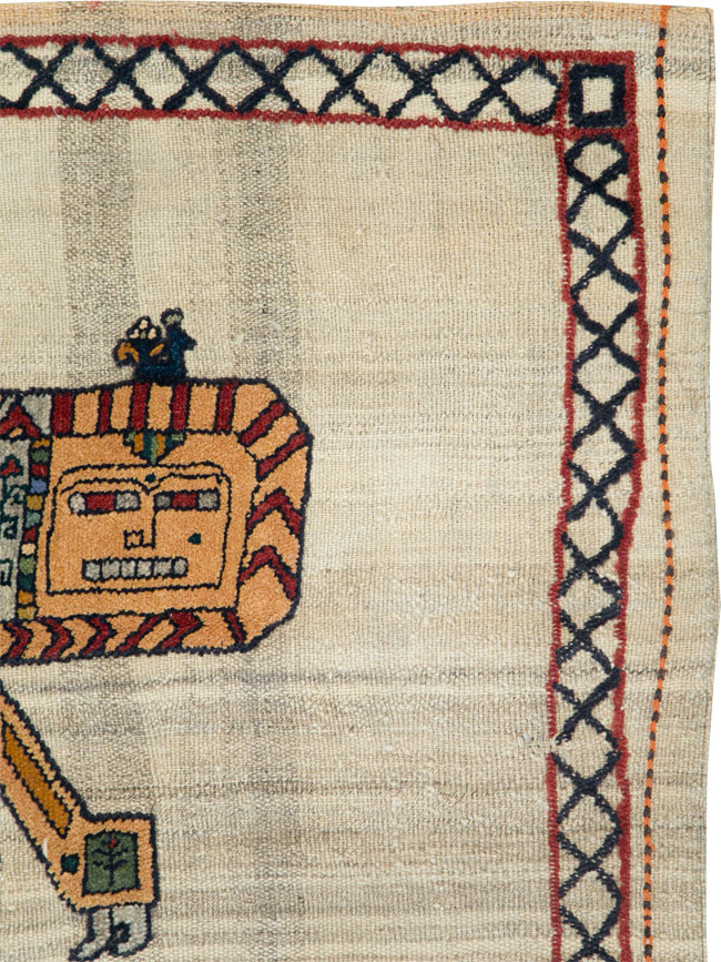 Vintage Persian Pictorial Souf Flatweave Kilim Throw Rug, No.28413 - Staging