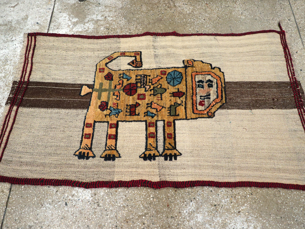 Vintage Persian Pictorial Souf Flatweave Kilim Throw Rug, No.28414 - Staging