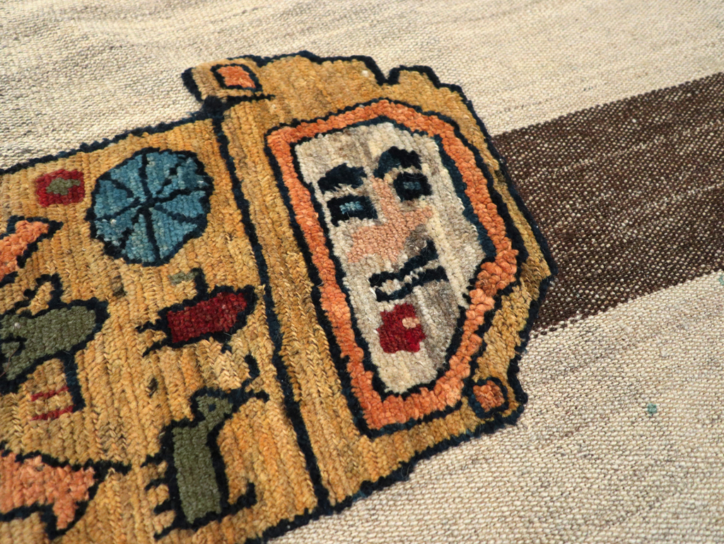 Vintage Persian Pictorial Souf Flatweave Kilim Throw Rug, No.28414 - Staging