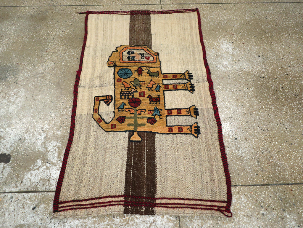 Vintage Persian Pictorial Souf Flatweave Kilim Throw Rug, No.28414 - Staging