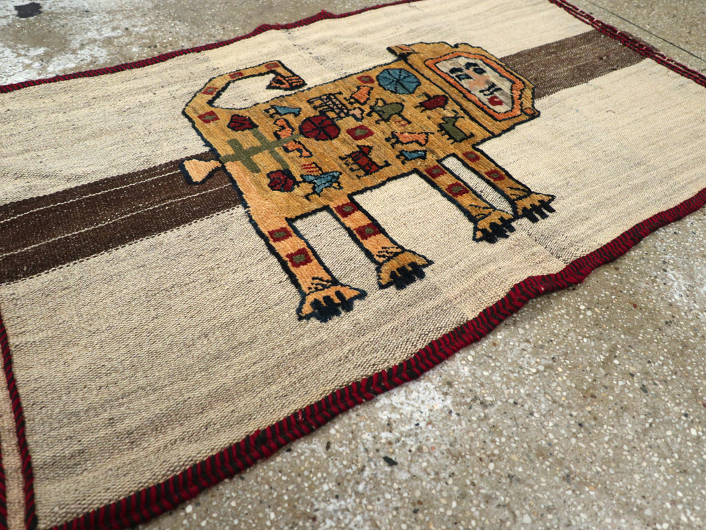 Vintage Persian Pictorial Souf Flatweave Kilim Throw Rug, No.28414 - Staging