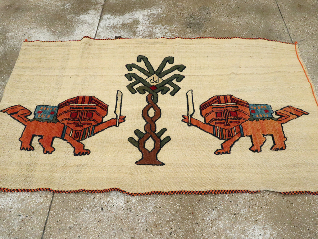 Vintage Persian Pictorial Souf Flatweave Kilim Throw Rug, No.28419 - Staging
