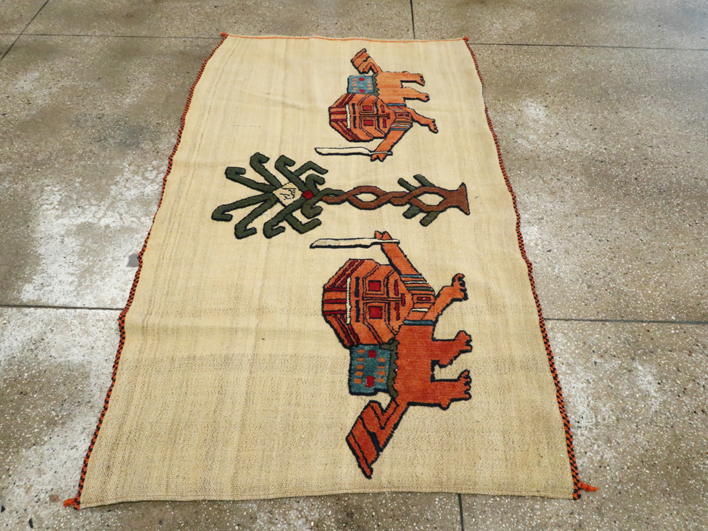 Vintage Persian Pictorial Souf Flatweave Kilim Throw Rug, No.28419 - Staging
