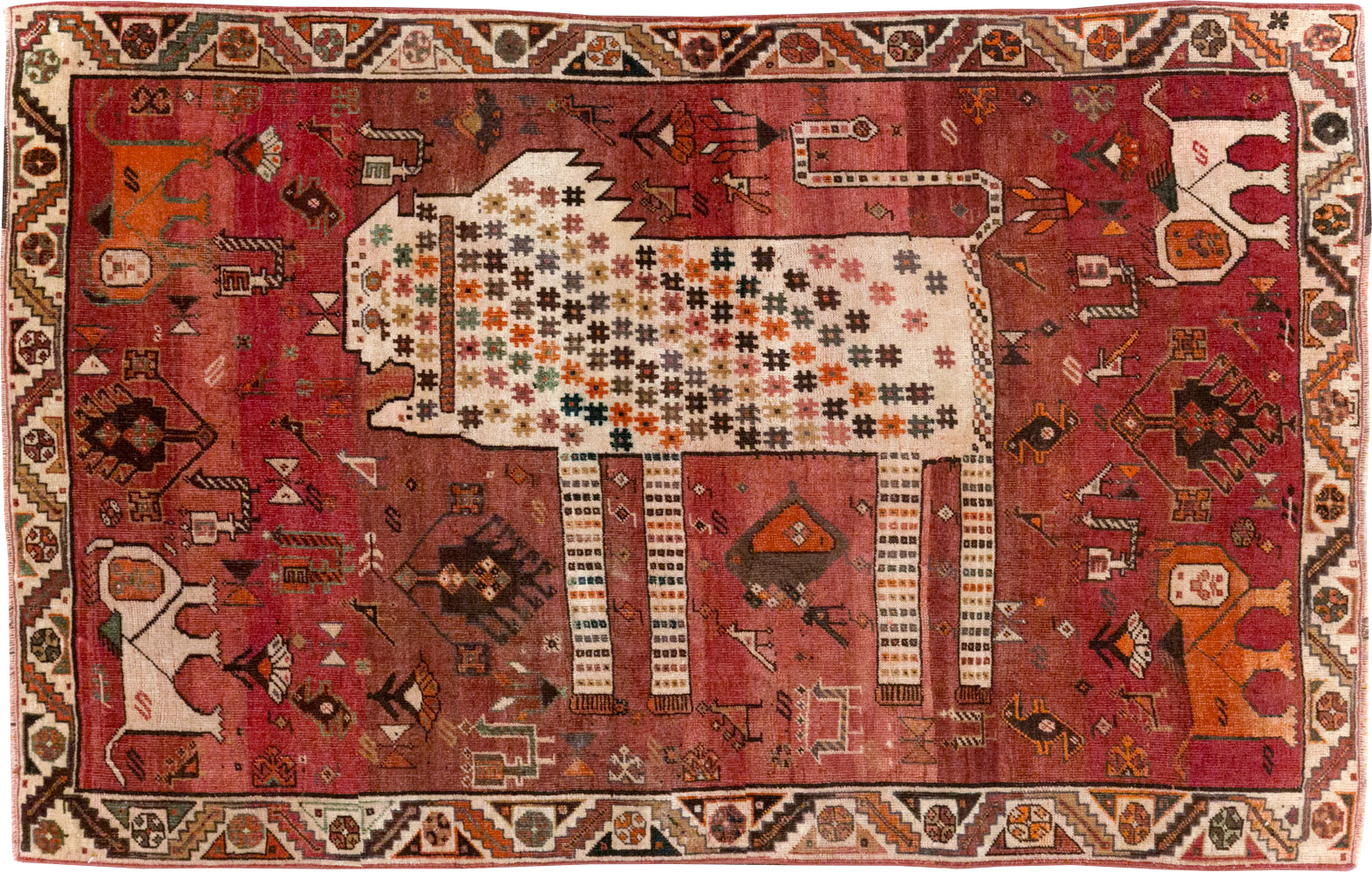 Vintage Persian Qashqai Pictorial Throw Rug, No.28434 - Staging
