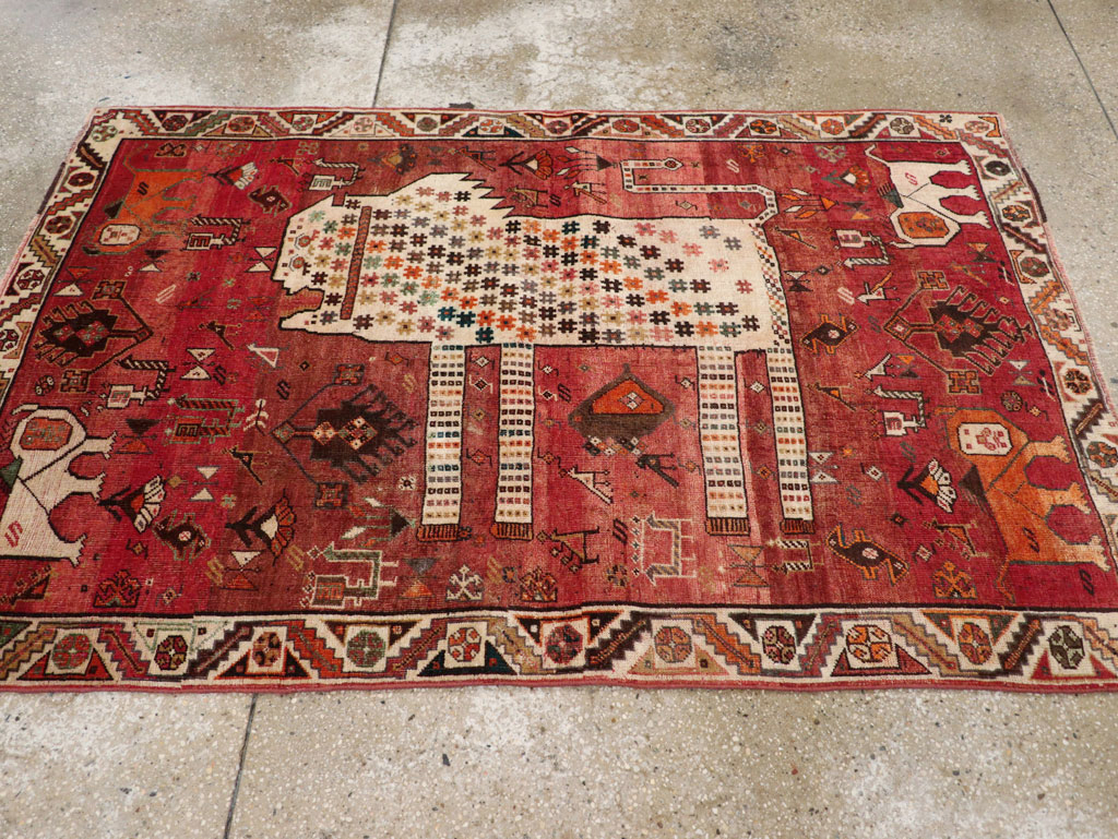Vintage Persian Qashqai Pictorial Throw Rug, No.28434 - Staging