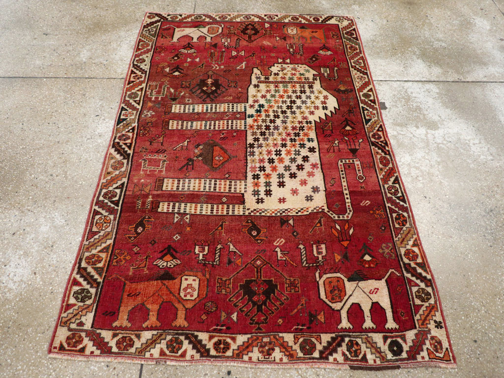 Vintage Persian Qashqai Pictorial Throw Rug, No.28434 - Staging