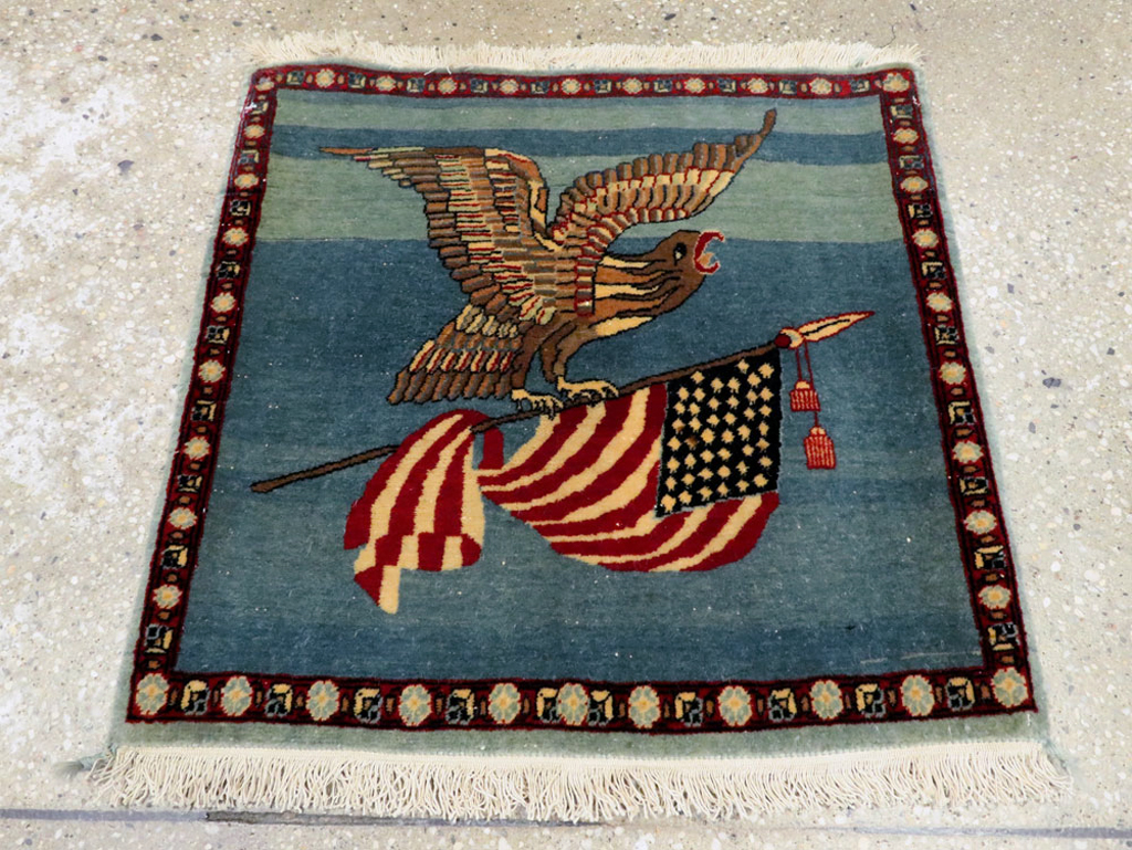 Antique Persian Kashan Flag Pictorial Rug, No.28460 - Staging