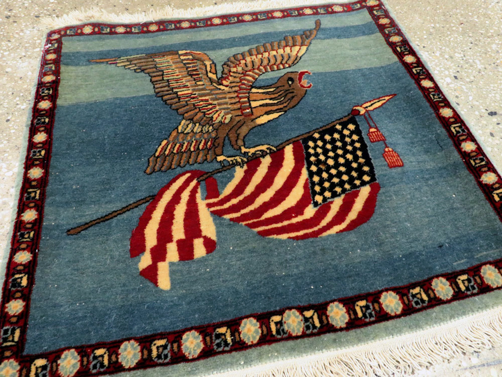 Antique Persian Kashan Flag Pictorial Rug, No.28460 - Staging